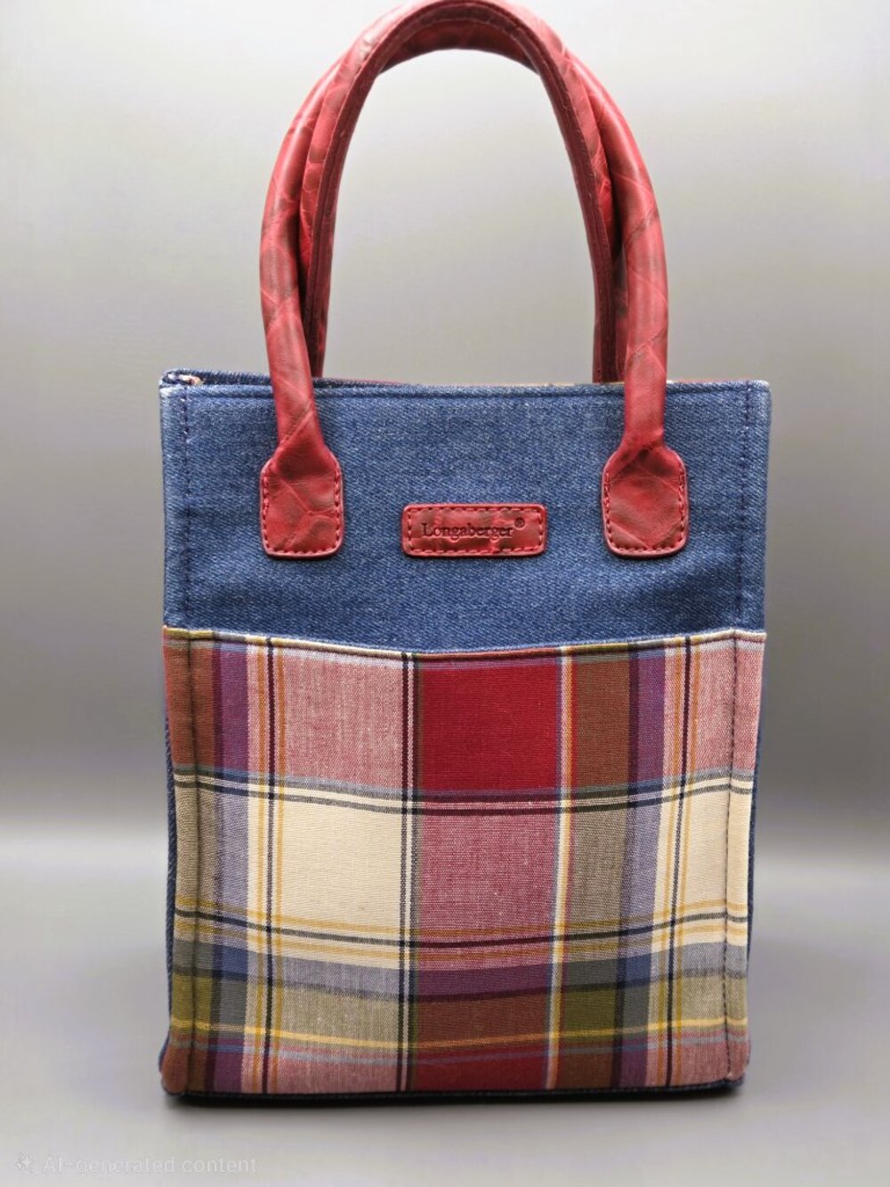 Longaberger Mini Tote Denim Plaid Bag Red Leather Trim Small America Classic - Picture 3 of 9